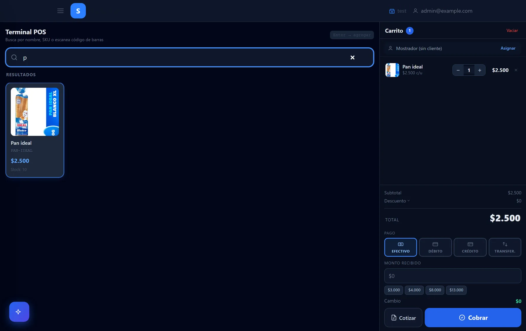Terminal POS: búsqueda de productos, carrito y cobro