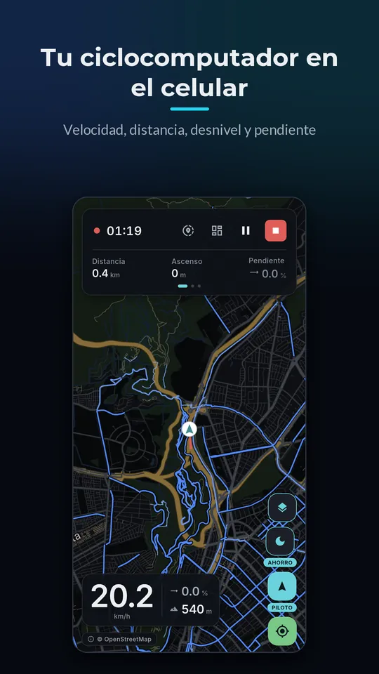 Zentra Bike grabando una salida sin señal: mapa con la traza y las ciclovías, velocidad, distancia, ascenso y pendiente