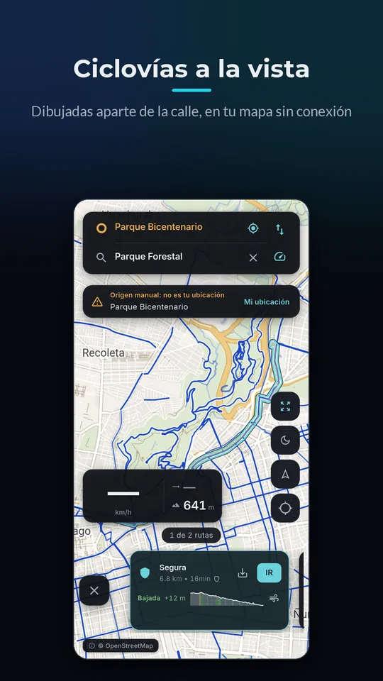 Ruta planificada por Santiago en Zentra Bike, con las ciclovías dibujadas aparte de la calle y el perfil de desnivel